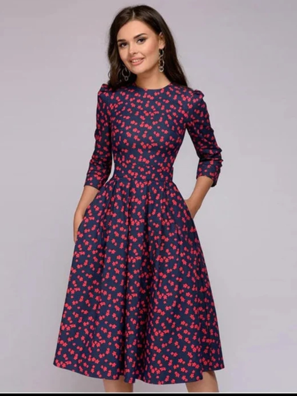 Navy & Red Floral Fit-and-Flare Dress
